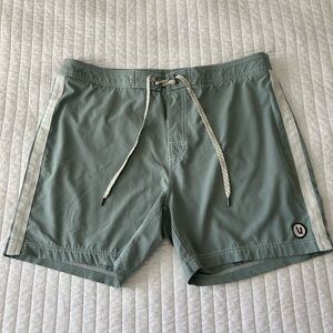 Vuori Sage Green Swim Board Shorts with White Side Stripes